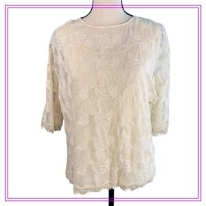 NWT Halston Heritage Lace Top Cream 3/4 Sleeve‎ Floral Sheer Elegant Blouse